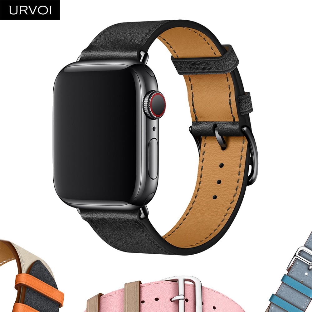 URVOI One Round Ring For Apple Watch 7 6 SE 5 4 3 Strap For iwatch Luxury Strap Genuine Swift Handmade Leather Ring Nior Black