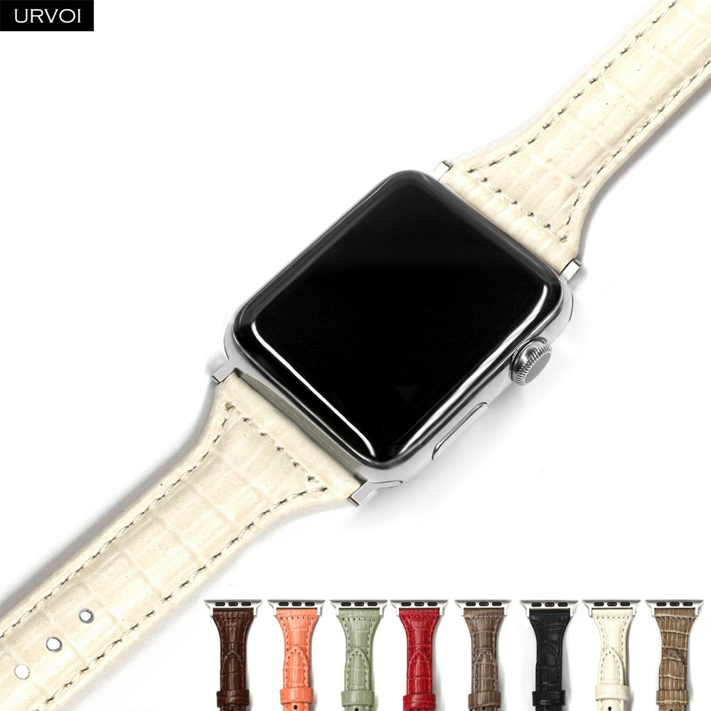 URVOI حزام ل أبل سلسلة ساعة 7 6 SE 5 4321 جلد طبيعي حزام ل iWatch سليم المعصم التمساح طباعة الكلاسيكية تاج مشبك