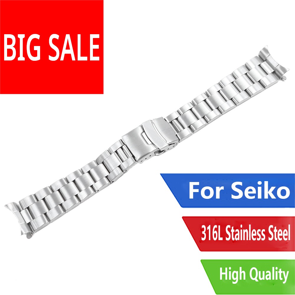 CARLYWET - spare watch strap, double pressure buckle, oyster for Seiko, curved buckle, silver, 20 22 mm