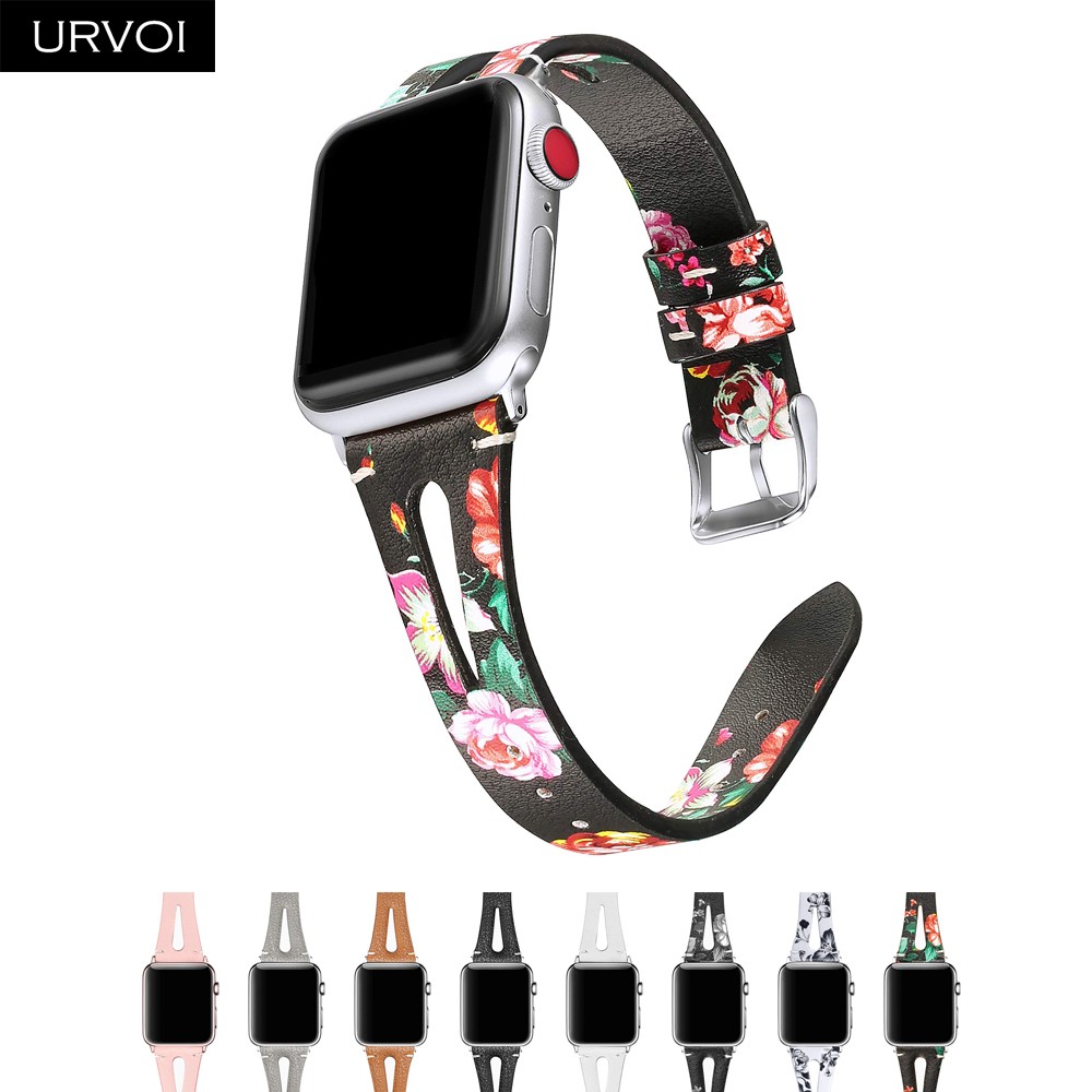 URVOI حلقة من جلد ل أبل ساعة سلسلة 7 6 SE 5 4 3 حزام ل iwatch 41 45 مللي متر T ثقب زهور مطبوعة المعصم النساء الفرقة