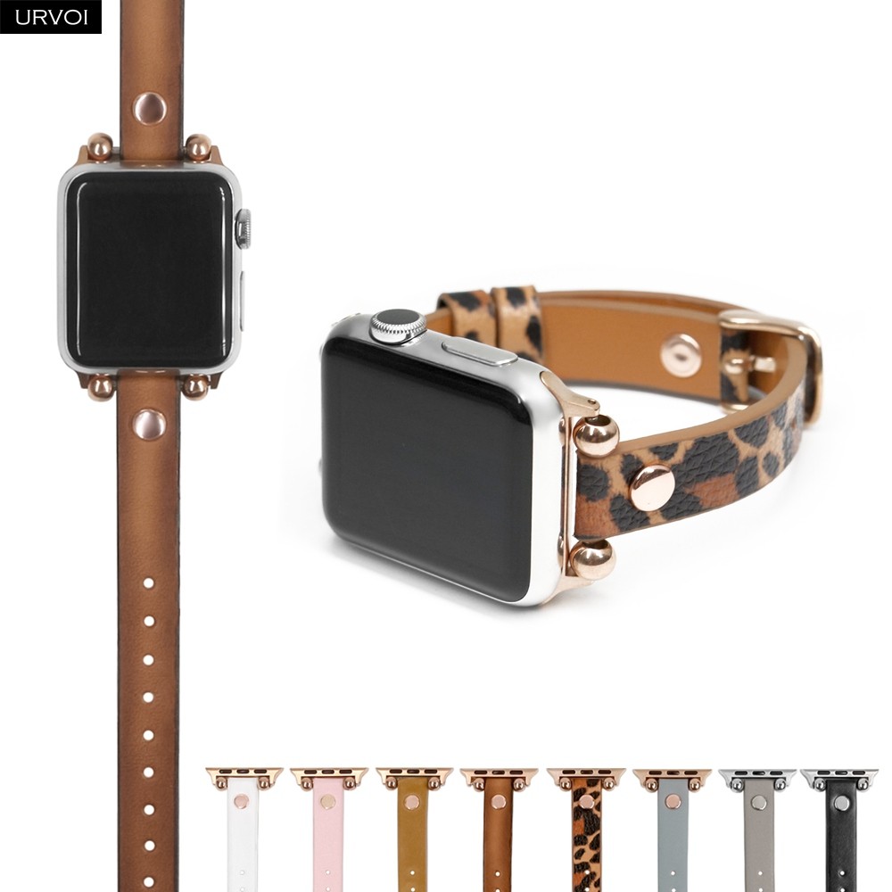 URVOI Band for Apple Watch Series 7 6 SE 5 4 3 2 1 Genuine Leather Strap for iWatch Slim Modern Design Stud and Beads Rose Gold