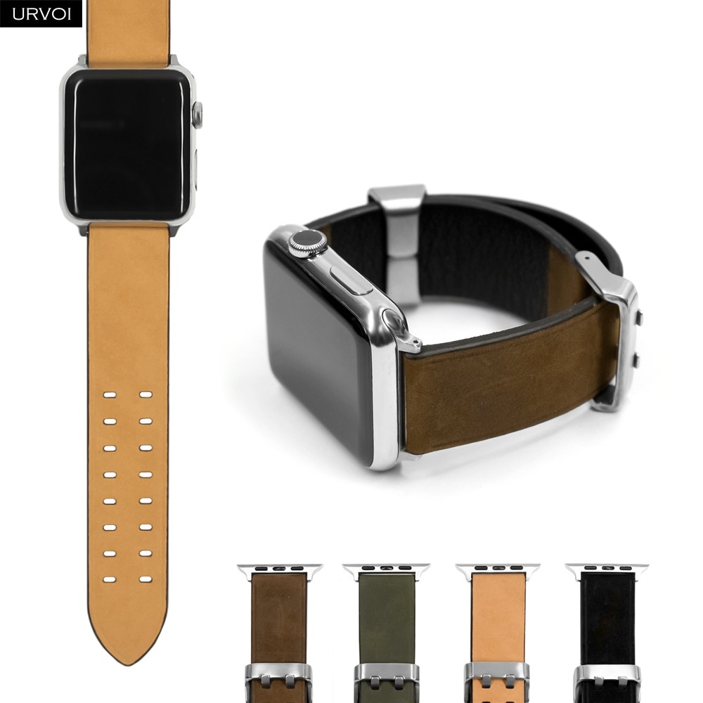 URVOI Genuine Band for Apple Watch Series 7 6 SE 5 4 3 2 1 Crazy Horse Leather Strap for iWatch 41 45mm Double Pin Metal Buckle