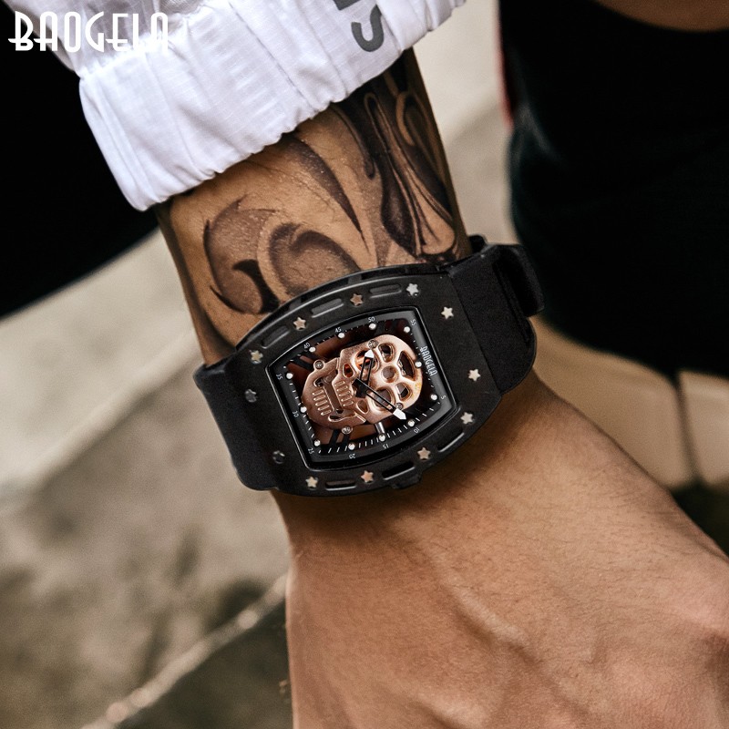 Baogela Pirate Skull Pattern Men's Watch Silicone Luminous Quartz Watches Military Wateproof Skeleton Wristwatch for Man 1612