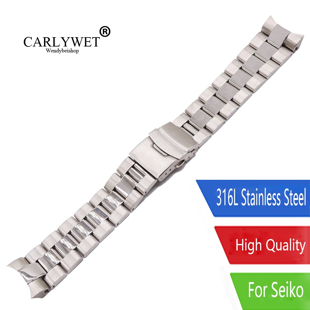 CARLYWET - 316k Silver Steel Curved End Watch Band 22mm Replacement Double Push Buckle for Seiko