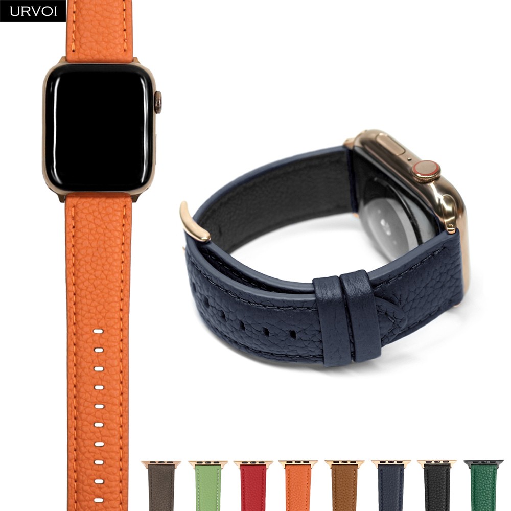 URVOI Band for Apple Watch Series 7 6 SE 5 4 321 Genuine Litchi Grain Leather Strap for iWatch Pin Buckle Black Rose Gold Buckle