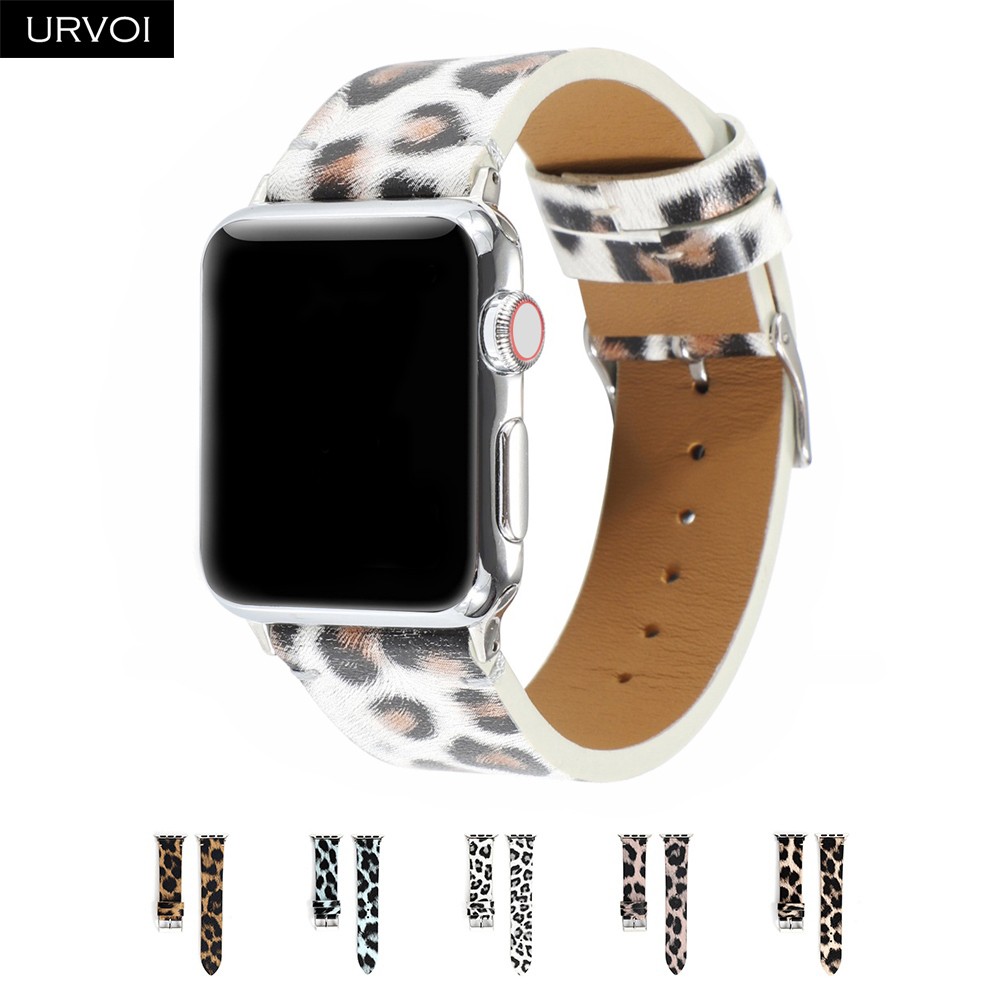 URVOI Leather Strap for Apple Watch Series 7 6 SE 5 4 3 2 1 Printing Strap for iWatch PU Leather Leopard Modern Style 41 45mm