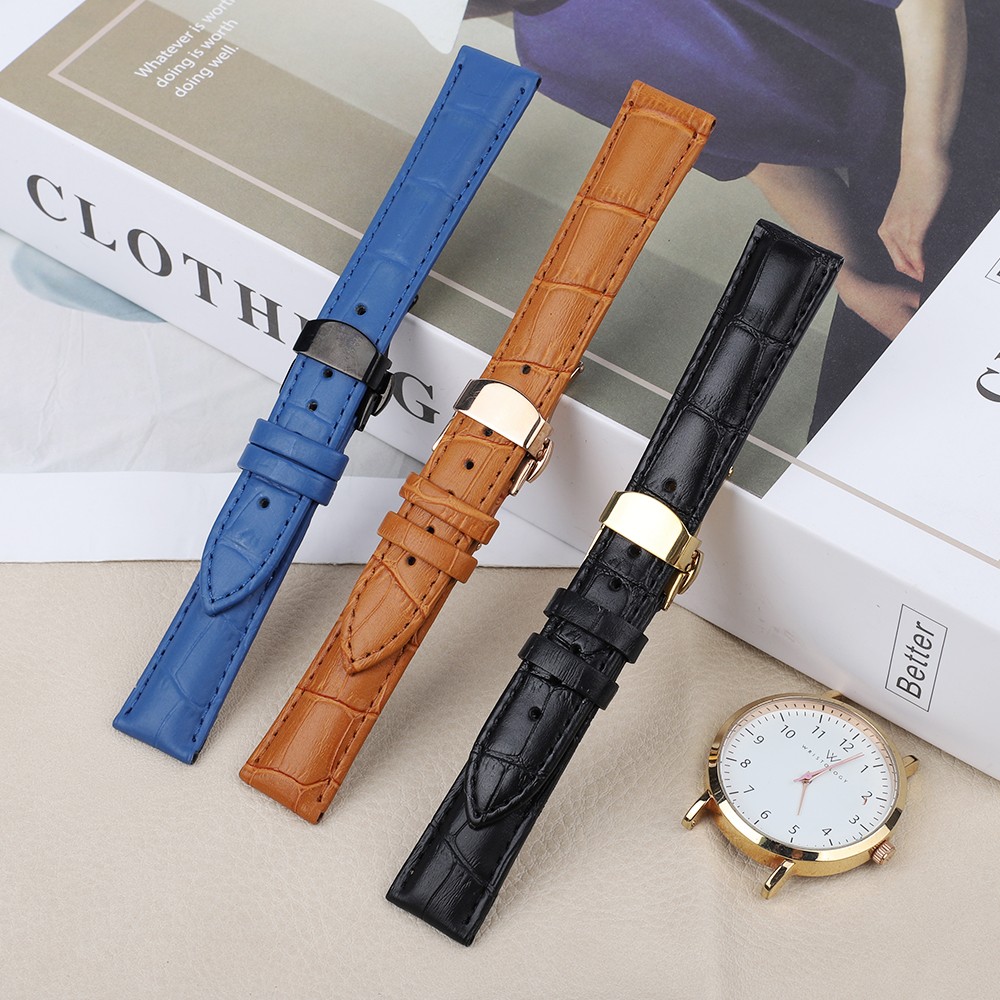 Bamboo Pattern Genuine Leather Wacth Strap Butterfly Buckle Watchband Bracelet for Watch Accessories 18mm 20mm 22mm 24mm