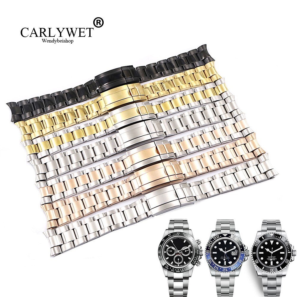 CARLYWET 20mm Middle Gold Solid Watch Band Curved End Screw Links Steel Clasp Bracelet For Rolex Oyster Subamriner Daytona GMT