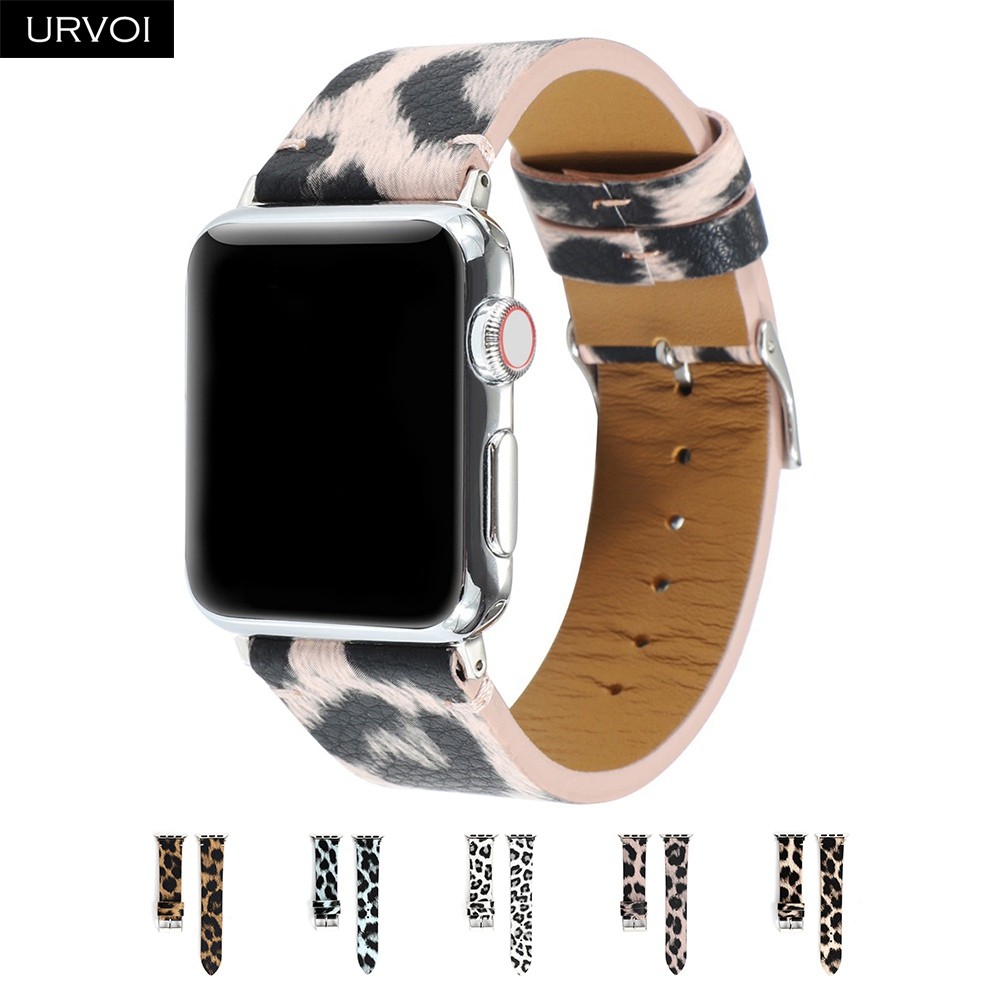 URVOI الفرقة ل أبل سلسلة ساعة 7 6 5 4 3 2 1 SE بولي leather الجلود مع ليوبارد طباعة حزام ل iWatch ستوكات التصميم الحديث