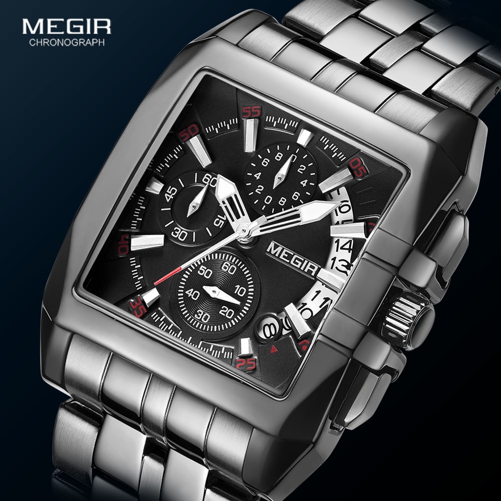 MEGIR Full Black Watches Men Luxury Chronograph Quartz Watch for Man Square Dial Luminous Wristwatch Relogios Relogios Reloj