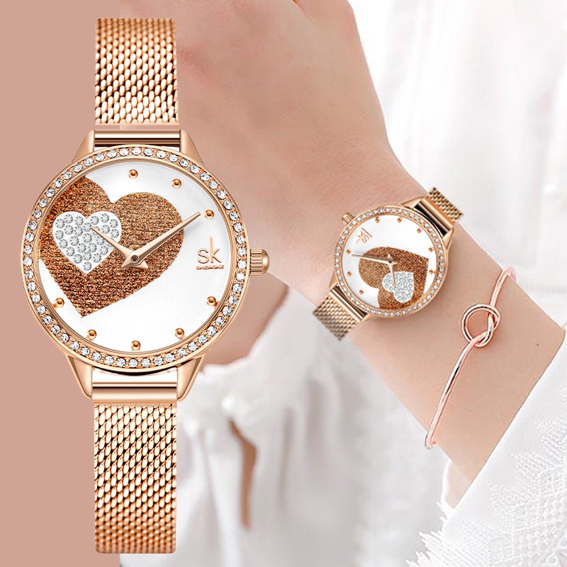 Fashion Casual Stainless Steel Women Quartz Watch Crystals Lady Holiday Gifts Beautiful Heart Rhinestone Dial Relojes Para Mujer