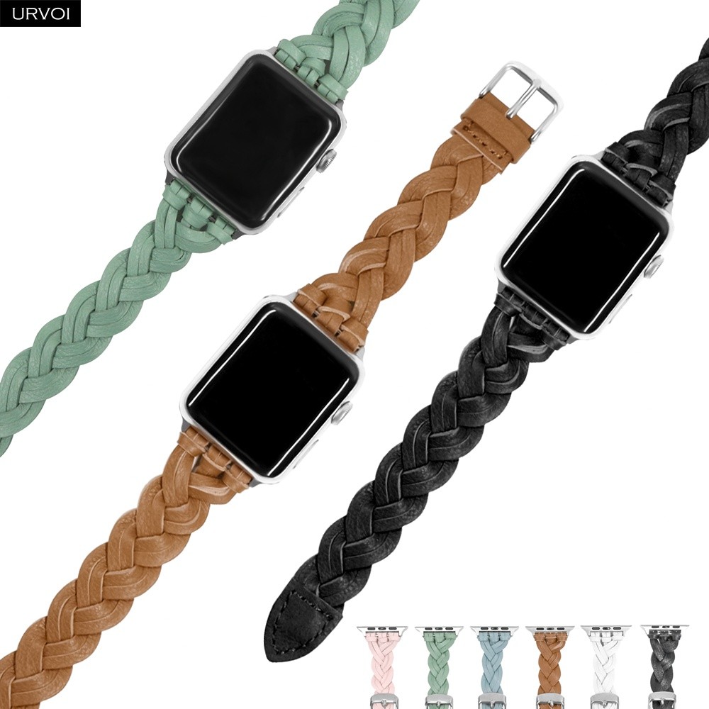 URVOI Braided Leather Strap for Apple Watch Series 7 6 SE 5 4 3 2 1 Woven Strap for iWatch Genuine Leather Classic Design Buckle