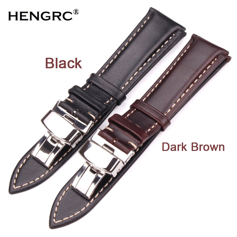 Soft Antique Watch Strap for Men and Women, Dark Brown, Genuine Leather, Metal, Butterfly Deployment Buckle, 18-24mm