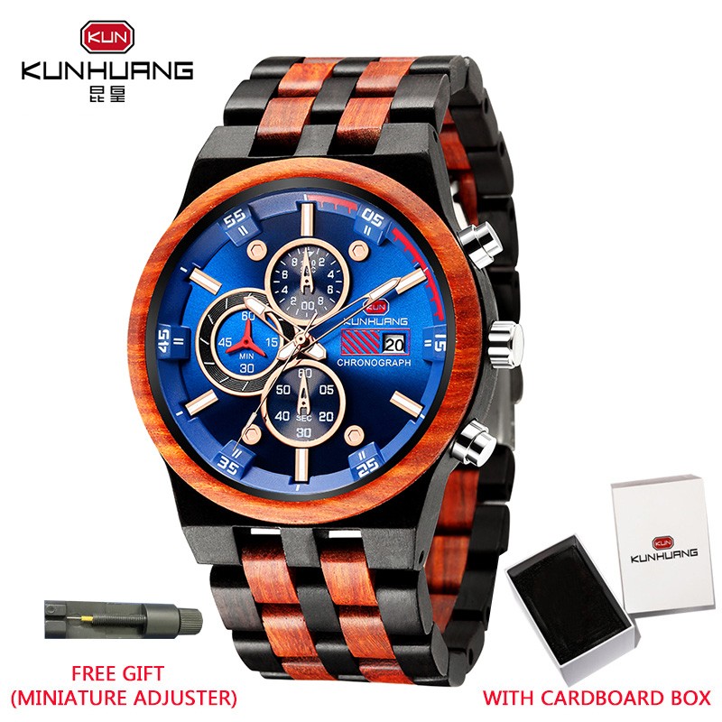 KUNHUANG Men Luxury Brand personality Sport Mens Watches Wooden Quartz Clock Men's Multifunction Wooden Watch Relogio masculino