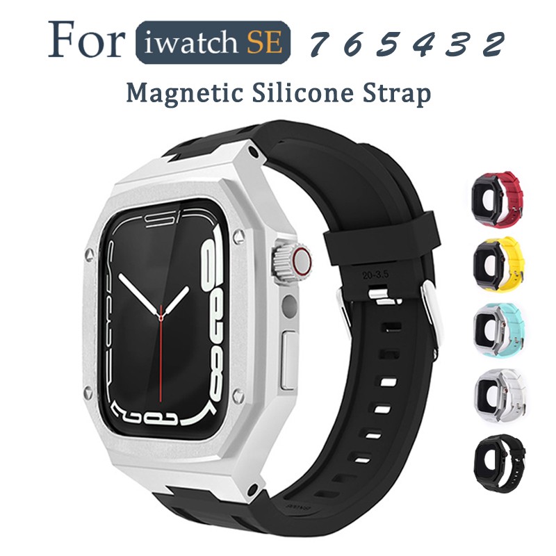 45mm 44mm Silicone Strap Metal Case Set for iWatch Series 7 6 SE 5 4 Stainless Steel Case for iWatch Series Modification Kit