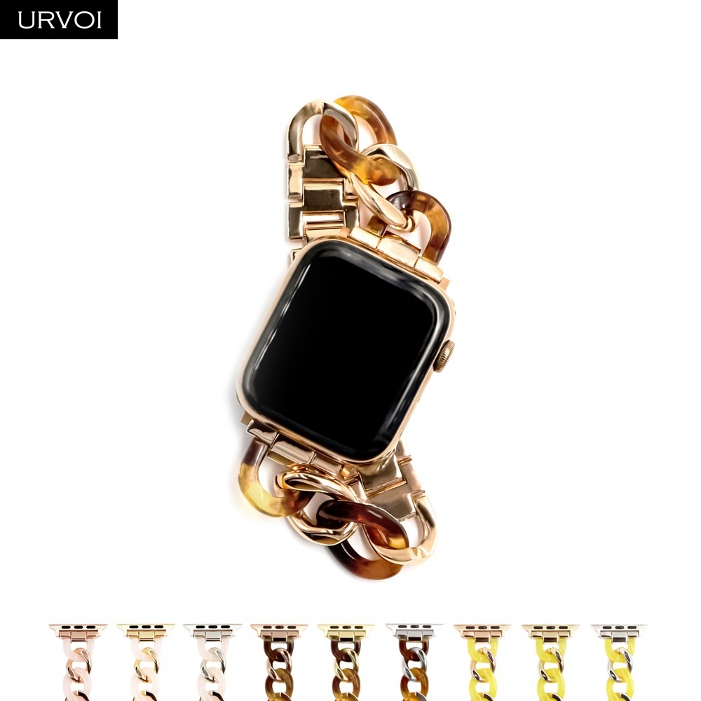 URVOI بقرة بوي سلسلة الفرقة ل أبل ساعة 7 6 SE 5 4 3 2 1 الفولاذ المقاوم للصدأ الراتنج حزام ل iwatch حزام ربط سوار النمط الحديث