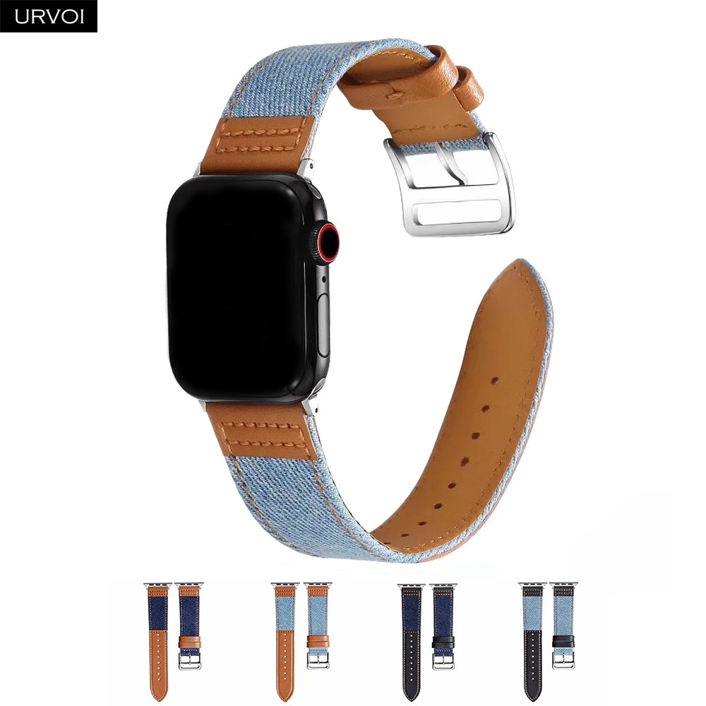 URVOI Canvas Band for Apple Watch Series 7 6 SE 5 4 3 2 1 Strap for iwatch 41 45mm Jeans with Leather Back Wrist Band 38 42mm