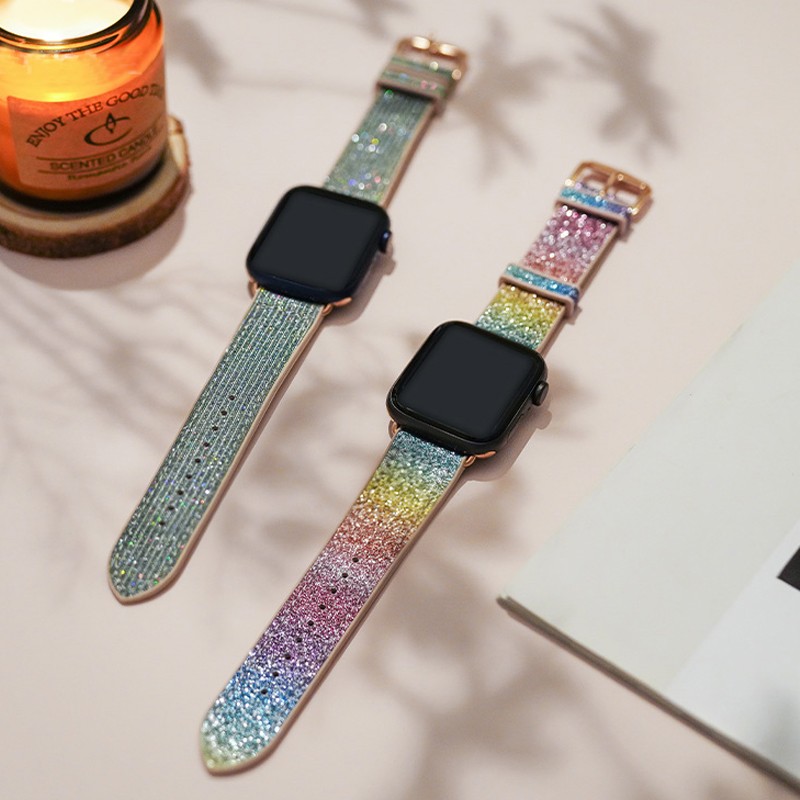 silicone diamond bracelet for apple watch 40 44mm 41 45 38 42mm jelly shiny bling band for iwatch 7 6 5 4 3 women's rainbow strap