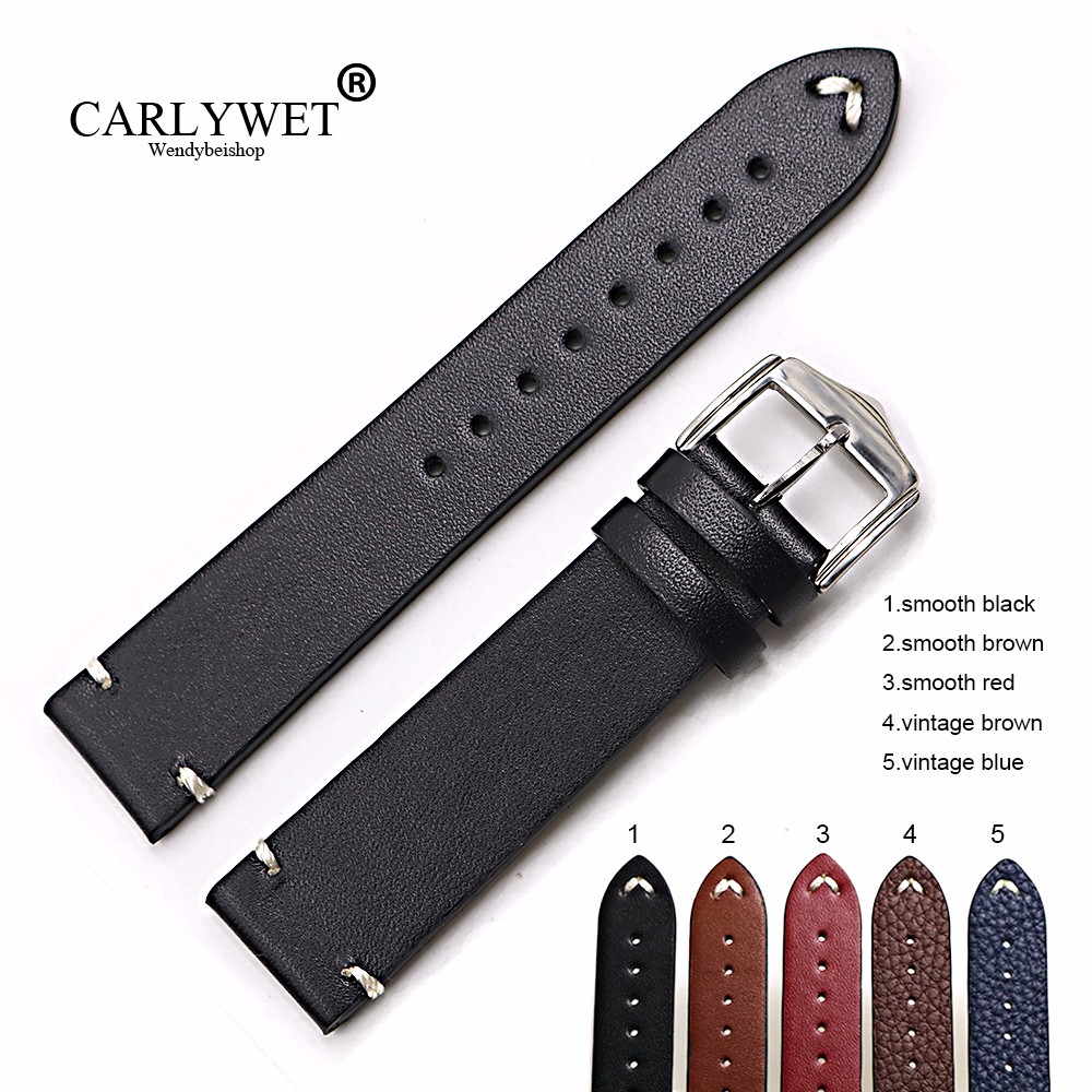 CARLYWET - Cowhide watch strap, antique, smooth, 20, 22, 24mm, wholesale, new style, black, brown, blue, red, polishing buckle