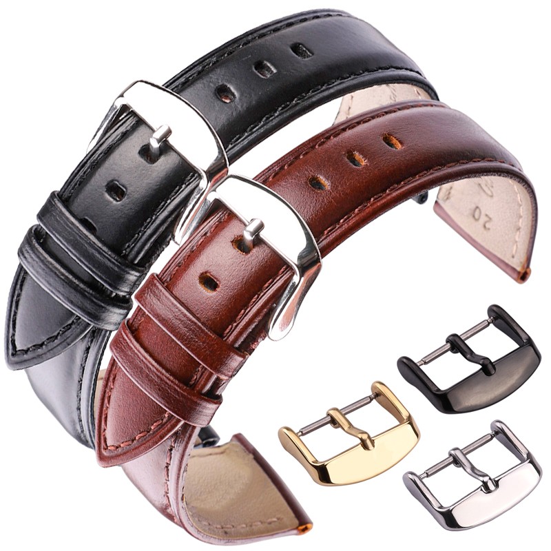 Cowhide Watch Band Bracelet 18 19 20 21 22 24mm Brown Black Women Men Soft Strap with Silver Pin Golden Buckle Watchband