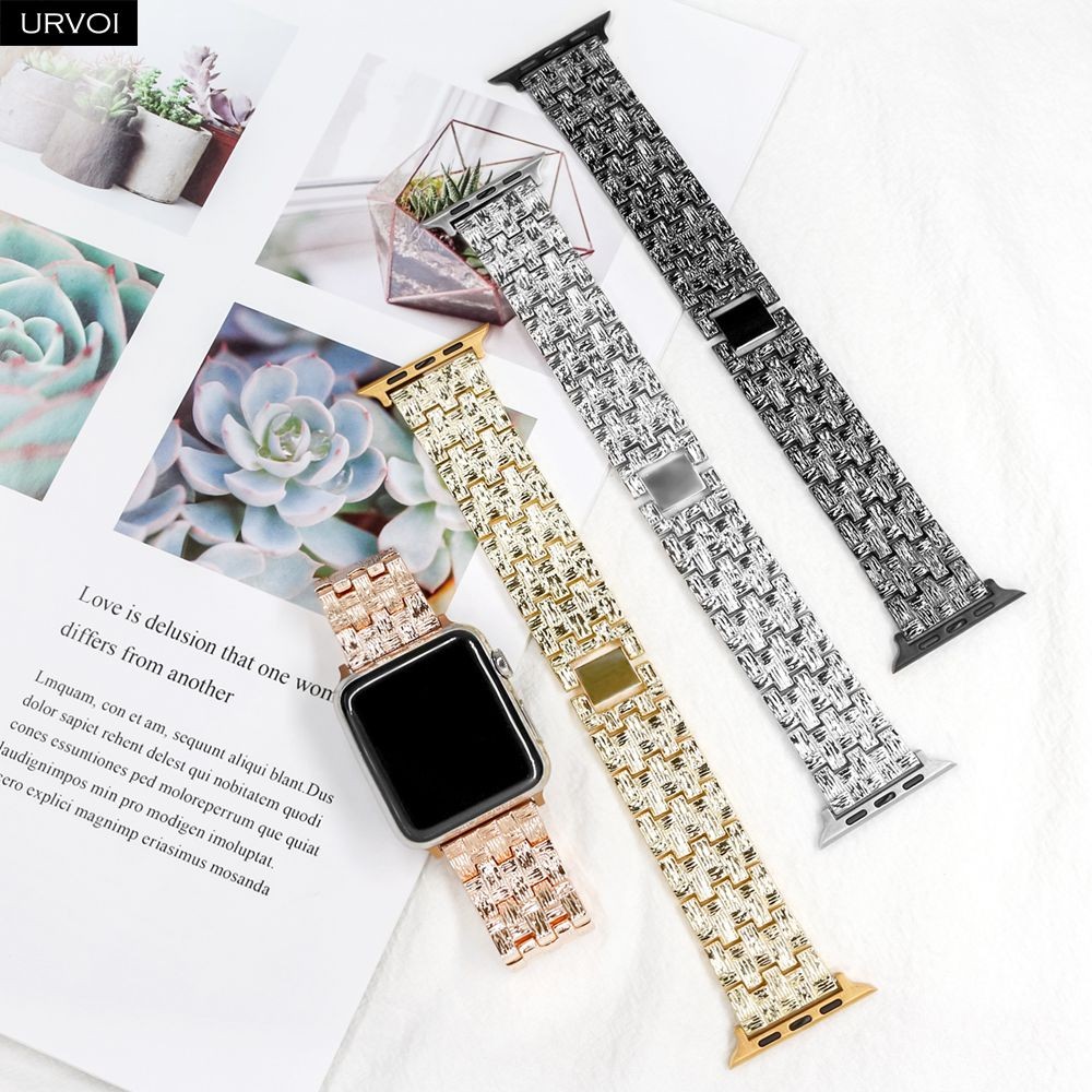 URVOI Strap for Apple Watch Series 7 6 SE 5 4 321 Stainless Steel Strap for iWatch VC Series Woven Pattern Bracelet Shiny Metal Band