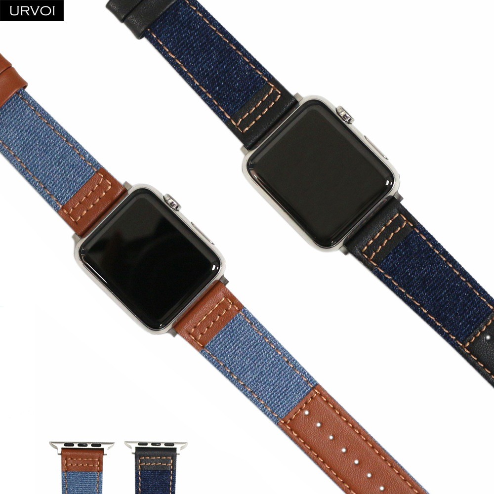 URVOI Strap for Apple Watch Series 7 654321SE Jean Band with Genuine Leather Strap for iWatch Denim Design Canvas Denim Wristband