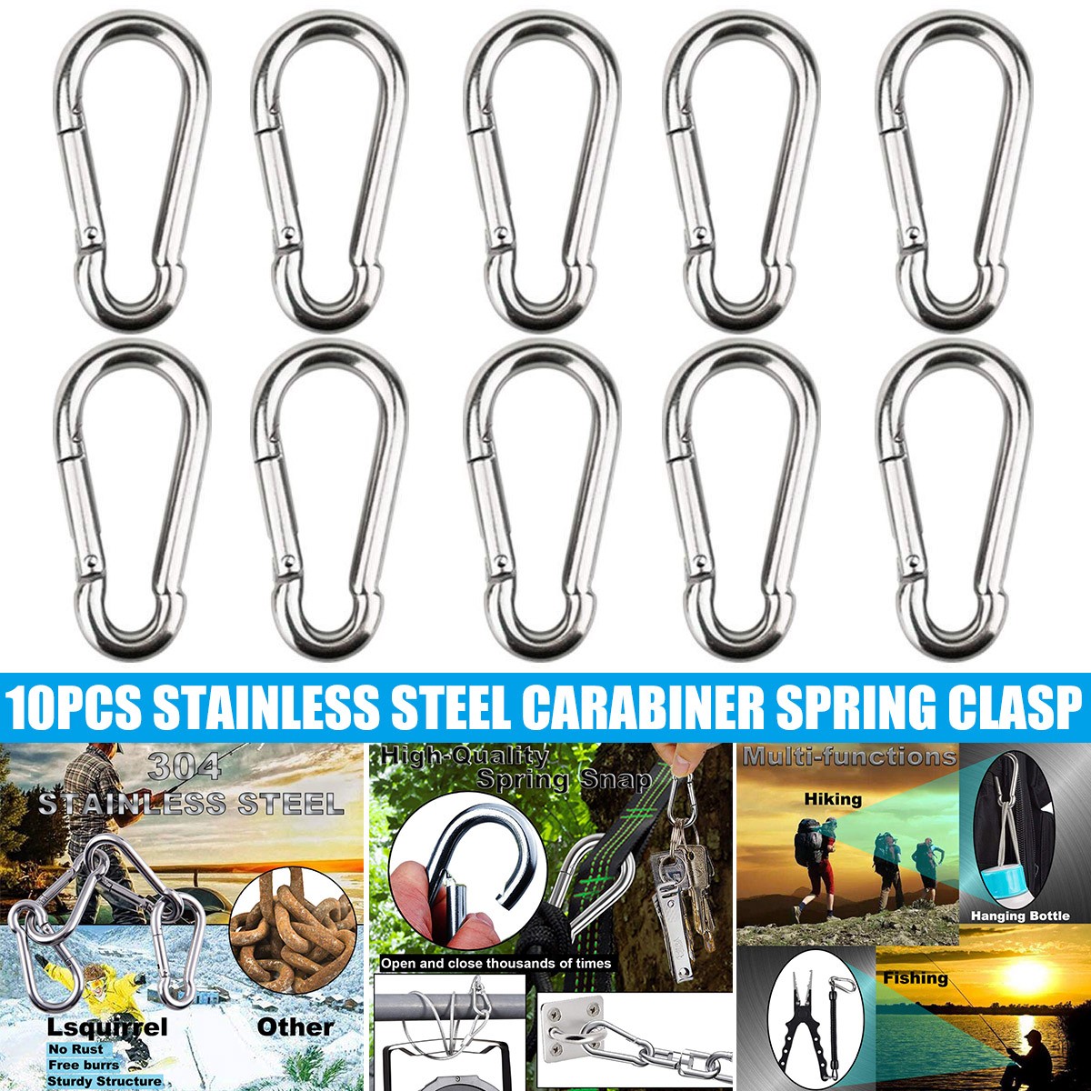 10pcs Spring Hook Stainless Steel Ring Steel Clips Keychain Heavy Duty Quick Link for Camping Hiking Travel In Stock