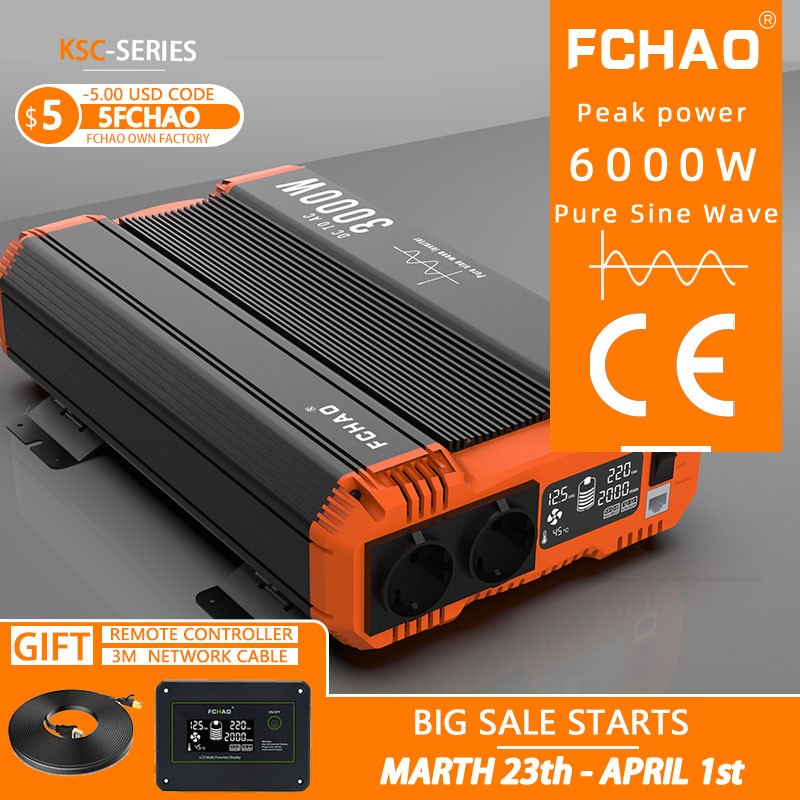 FCHAO 6000W Pure Sine Wave Inverter 12V 24V to 220V 110V Power Converter LCD Display Voltage Converter Car Accessories UPS