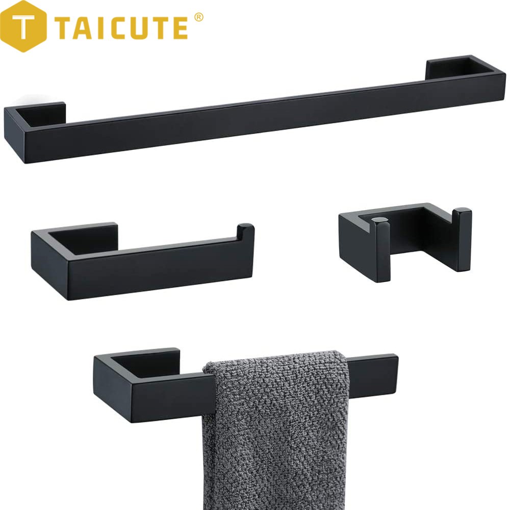 TAICUTE 4 Pack Bathroom Accessories Set Towel Bar Clothes Hook Toilet Paper Holder Wall Mount Stainless Steel Shower Hardware, Black