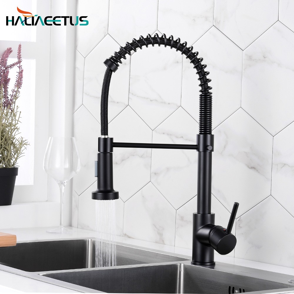 Black Spring Style Kitchen Faucet Deck Mounted 360 Degree Rotation Sink Tap Mixer Hot Cold Pull Down Sprayer Nozzle Faucets