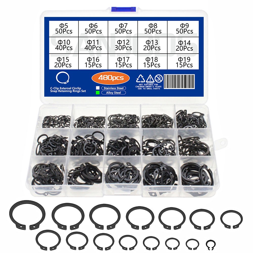 480pcs External Retaining Circlips C Clip Washers Snap Retaining Ring Stainless Steel Alloy 5-19mm Circles Set for Shaft