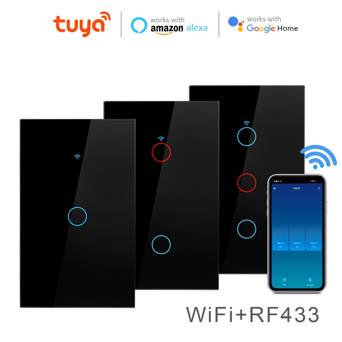 Tuya - Connected Wall Switch, Wi-Fi, Touch Sensor, 110V/220V, Neutral Wire Required, Voice Control, Compatible with Alexa and Google Home