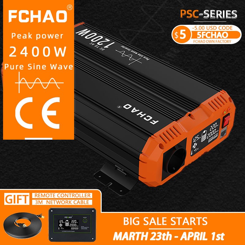 FCHAO 2400W Inverter Solar Panel Pure Sine Wave 12V 24V to 220V Car Power Inverter Solar Power Supply LCD Display for Truck RV