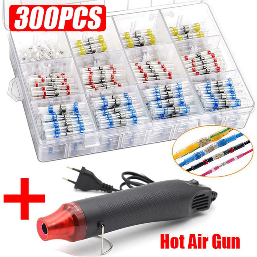 50/300pcs Waterproof Heat Shrink Butt Terminals Crimp Terminals Welding Seal Electrical Wire Twisting Cable Terminal Kit With Hot Air Gun