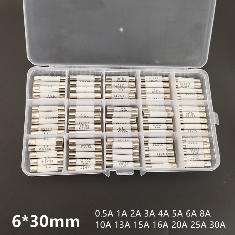 75pcs Ceramic Fuse 6mm x 30mm 0.5A 1A 2A 3A 4A 5A 6A 8A 10A 13A 15A 20A 25A 30A Fuse Assortment Kit 250V 6x30mm Insurance Tube