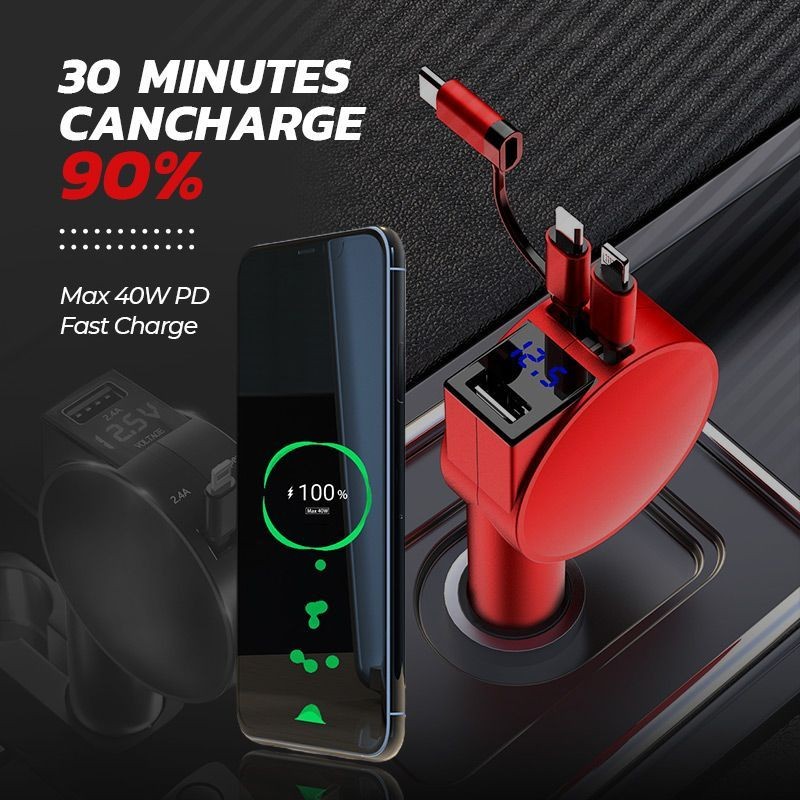 3 in 1 Retractable Fast Charging Car Adapter Car Charger QC4.0 PD Quick Charge for iPhone, Android, and Type C phones drop shippi