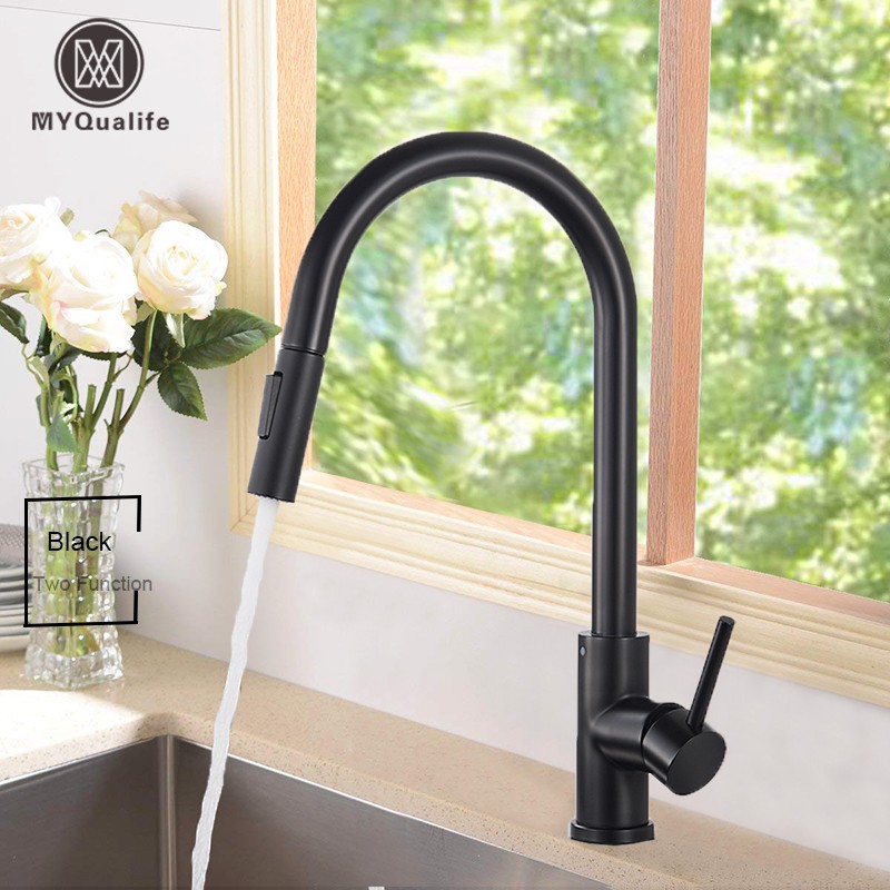 Free Shipping Black Kitchen Faucet Two Function Single Handle Pull Out Mixer Deck Mounted Hot and Cold Water Taps