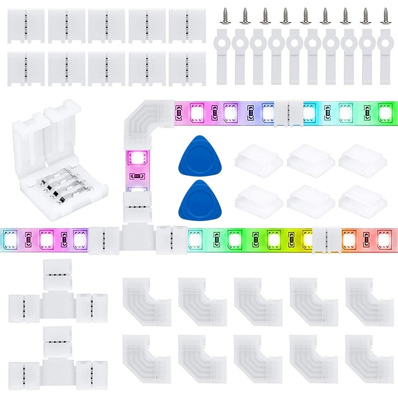 4Pin RGB LED Strip Connector Kit, LED Connectors 10mm Soldering LED Light Strip Connector, L-Connectors, T-Connectors