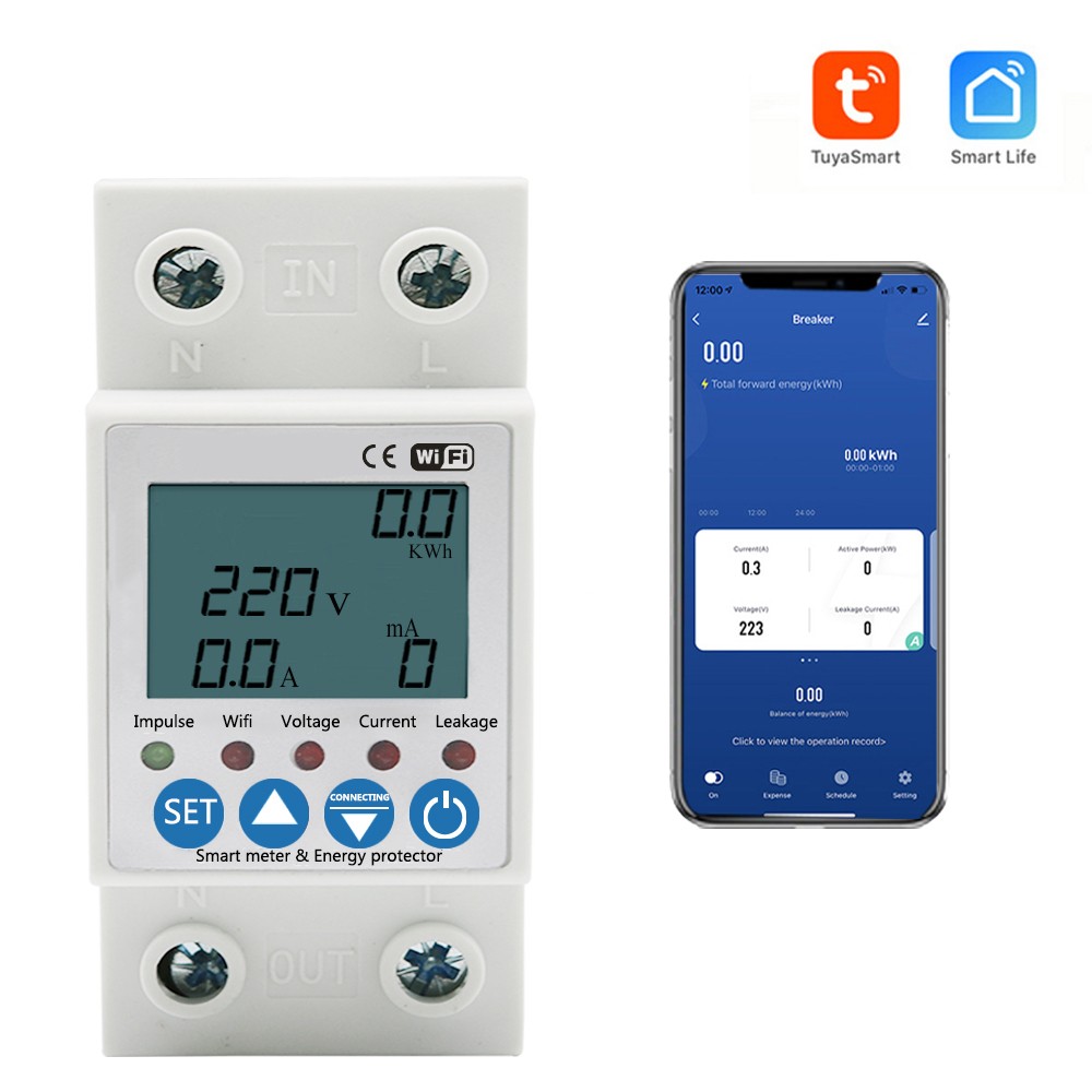 2P 63A Tuya APP WiFi Smart Circuit Earth Leakage Over Under Voltage Protection Device Relay Device Switching Contactor Power KWh Meter