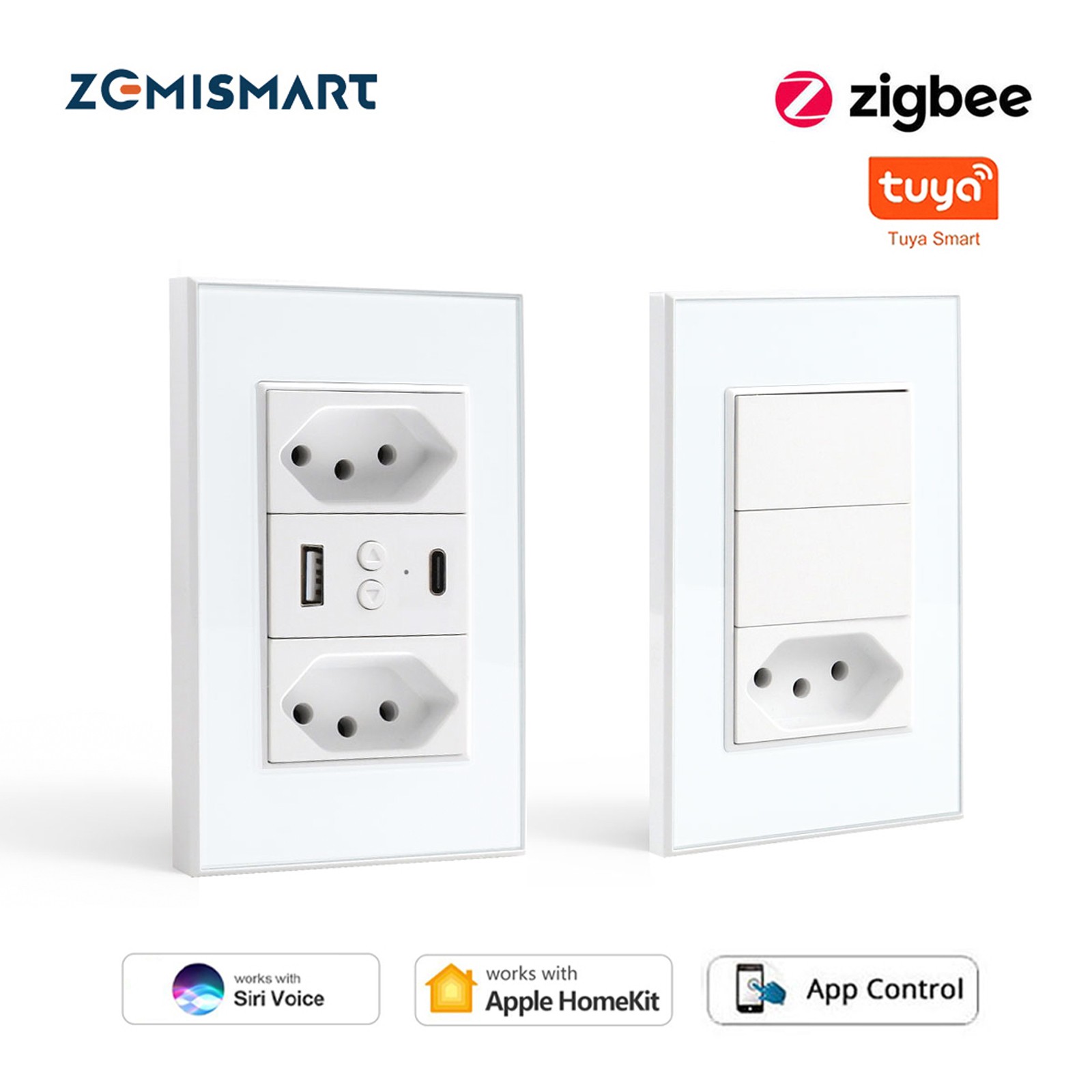 Zemismart Tuya ZigBee 10A Brazil Socket with Light Switch Alexa Google Home Siri Control 110V 240V Wall Outlet Via ZMHK-01 Hub