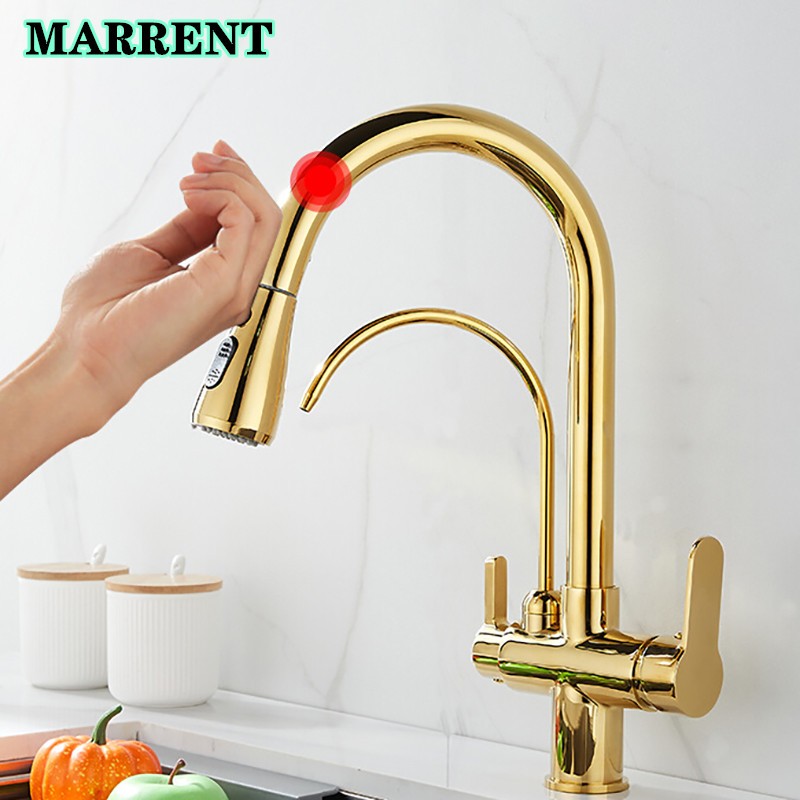 Gold Touch Filter Kitchen Mixer Tap Dual Handle Hot Cold Brass Kitchen Sink Faucets Smar Sensor Touch Pull Out Kitchen Faucets