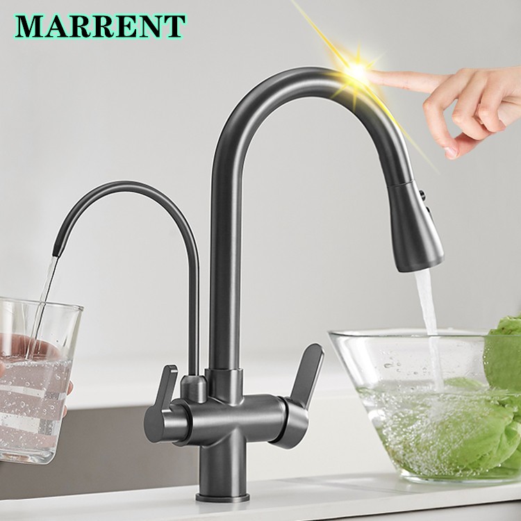 Hot Cold Touch Pull Out Kitchen Faucet Newly Brass Gray Pull Down Kitchen Mixer Tap Dual Handle Sensor Touch Filter Kitchen Faucet