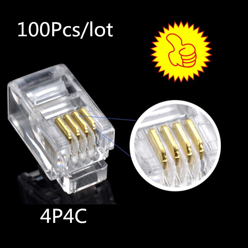 100pcs/lot RJ11 4P4C New Crystal Head Modular Plug Gold Plated Network Connector Wholesale