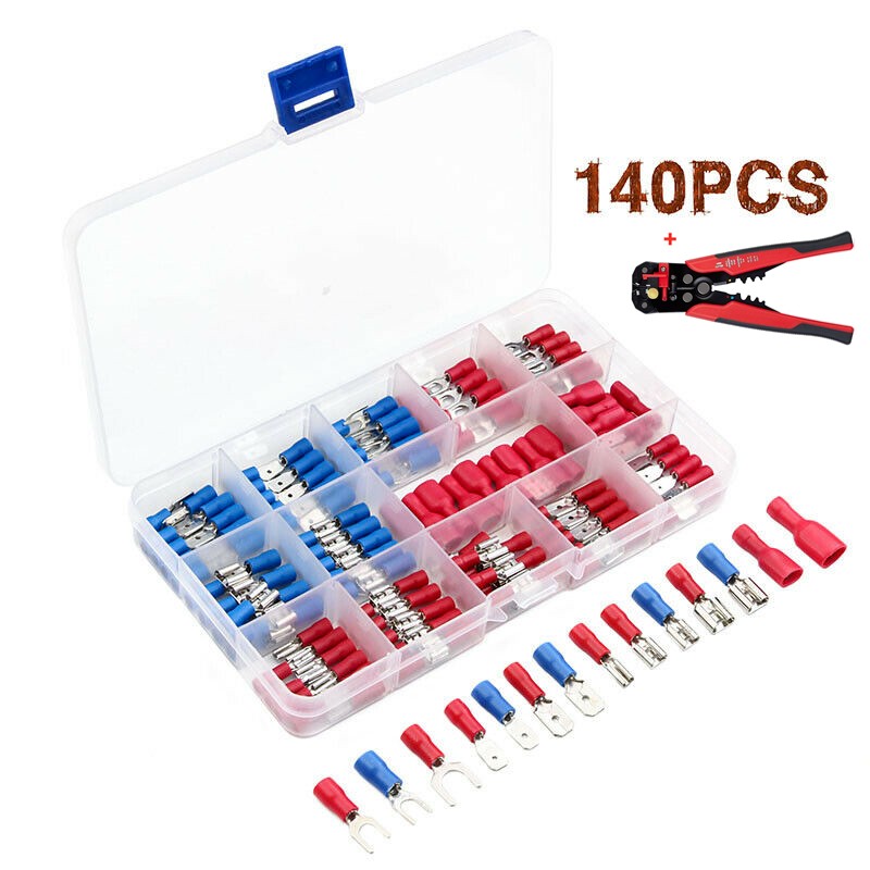 140PCS Assorted Spade Terminals Insulated Cable Connector Electrical Wire Assorted Crimp Butt Ring Fork Set Ring Lugs + Plier