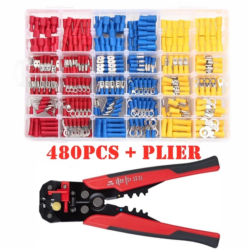 480pcs insulated cable electrical wire connector crimp spade butt loop thorn loop lugs rolled terminals self-adjusting plier