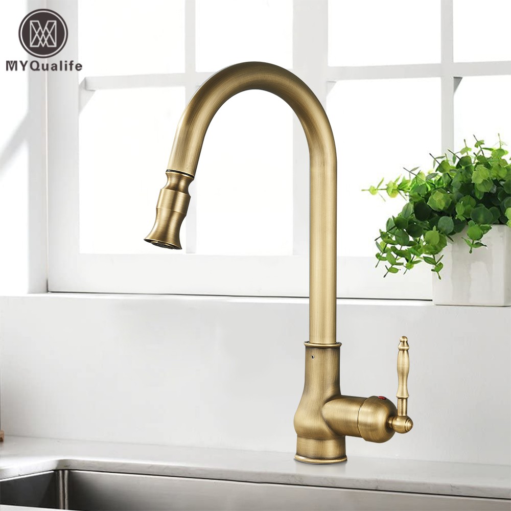 myquilfe antique brass pull down faucet swivel faucet countertop faucet bathroom hot and cold water mixers