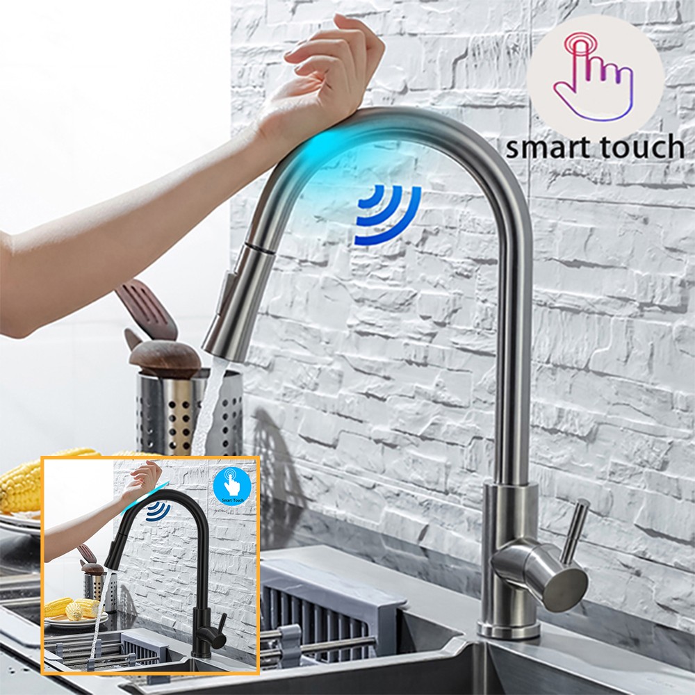 DQOK Kitchen Faucet Pull Out Brushed Nickel Sensor Stainless Steel Black Smart Mixed Induction Tap Touch Control Sink Faucet