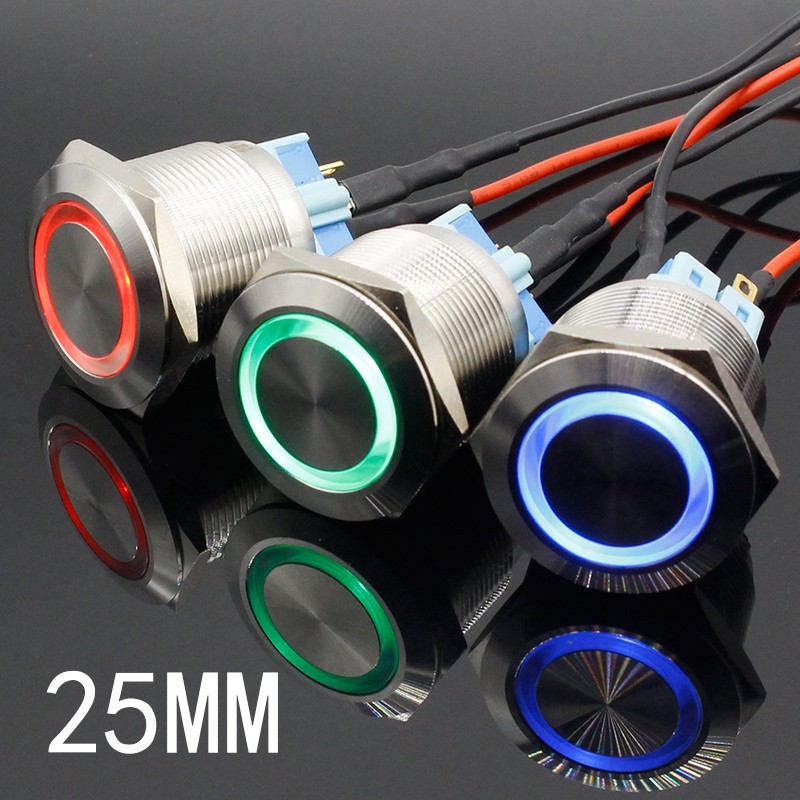 25mm 6V 12V 24V 220V Blue Ring LED Light Momentary/Lock Push Button Switch DPST Metal Industrial Boat Car DIY Switch