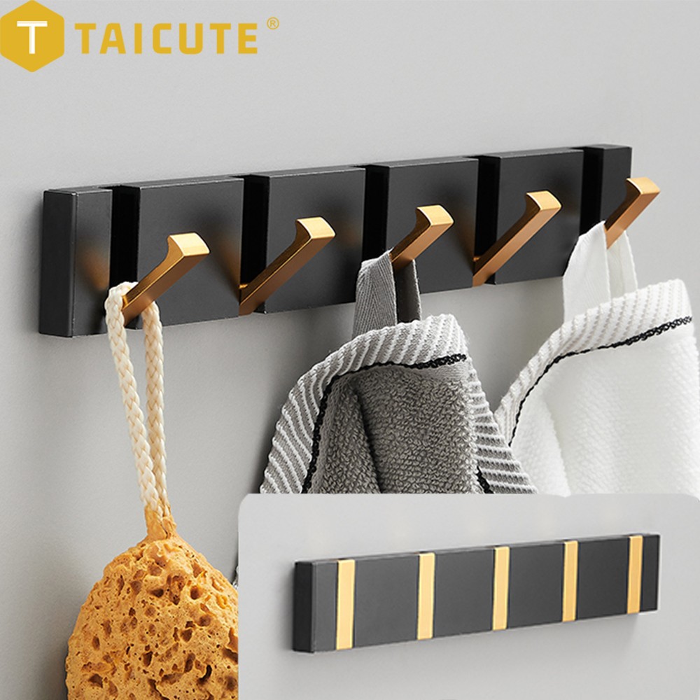 TAICUTE Folding Towel Hanger 2 Ways Fitting Wall Hooks Coat Clothes Rack for Bathroom Kitchen Bedroom Hallway, Black Gold