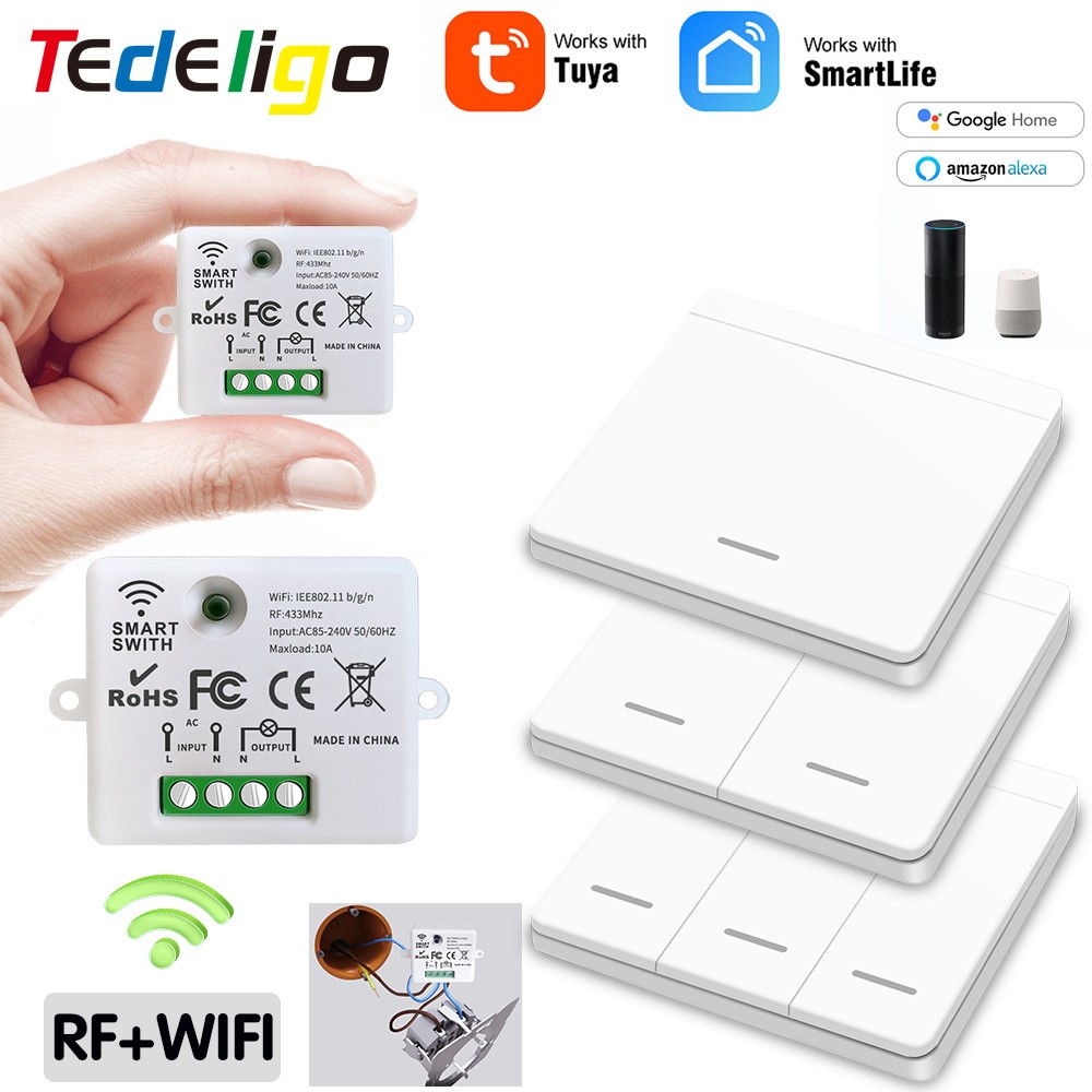 Mini Module WiFi Tuya Smart Light Switch Wall Panel Push Button Switch 433MHZ Wireless Electric Home Remote Control 220V 10A